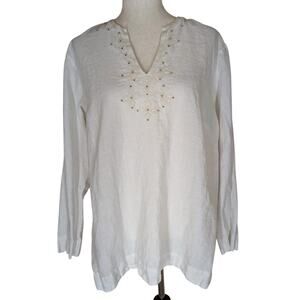 Liz Claiborne White Linen Top V Neck Long Sleeve Beaded Embellished Front L/XL